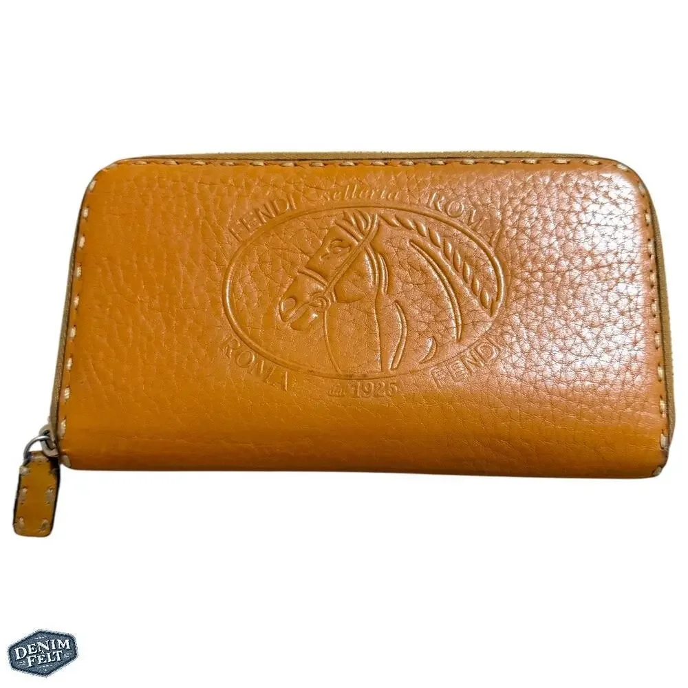 Fendi Selleria Roma Embossed Horse Logo Leather Tan ZipAround Long Wallet | RARE